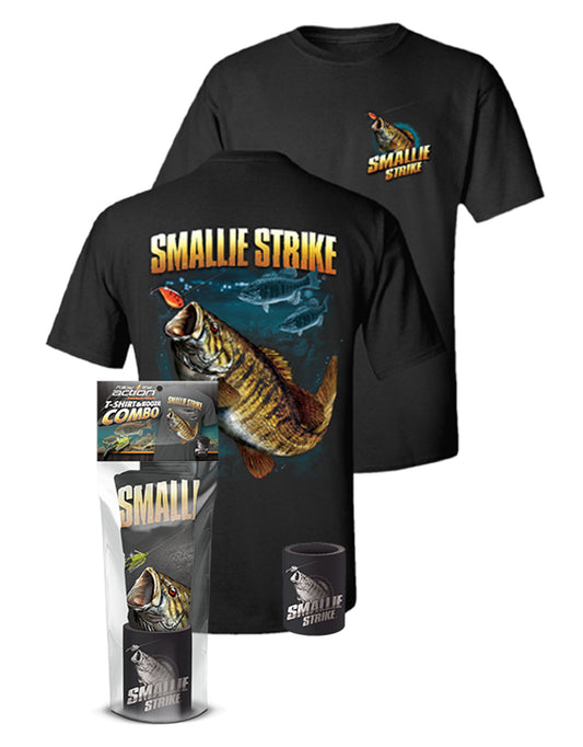 Smallmouth Bass "Smallie Strike" T-Shirt and Can Cooler Combos Gift Set