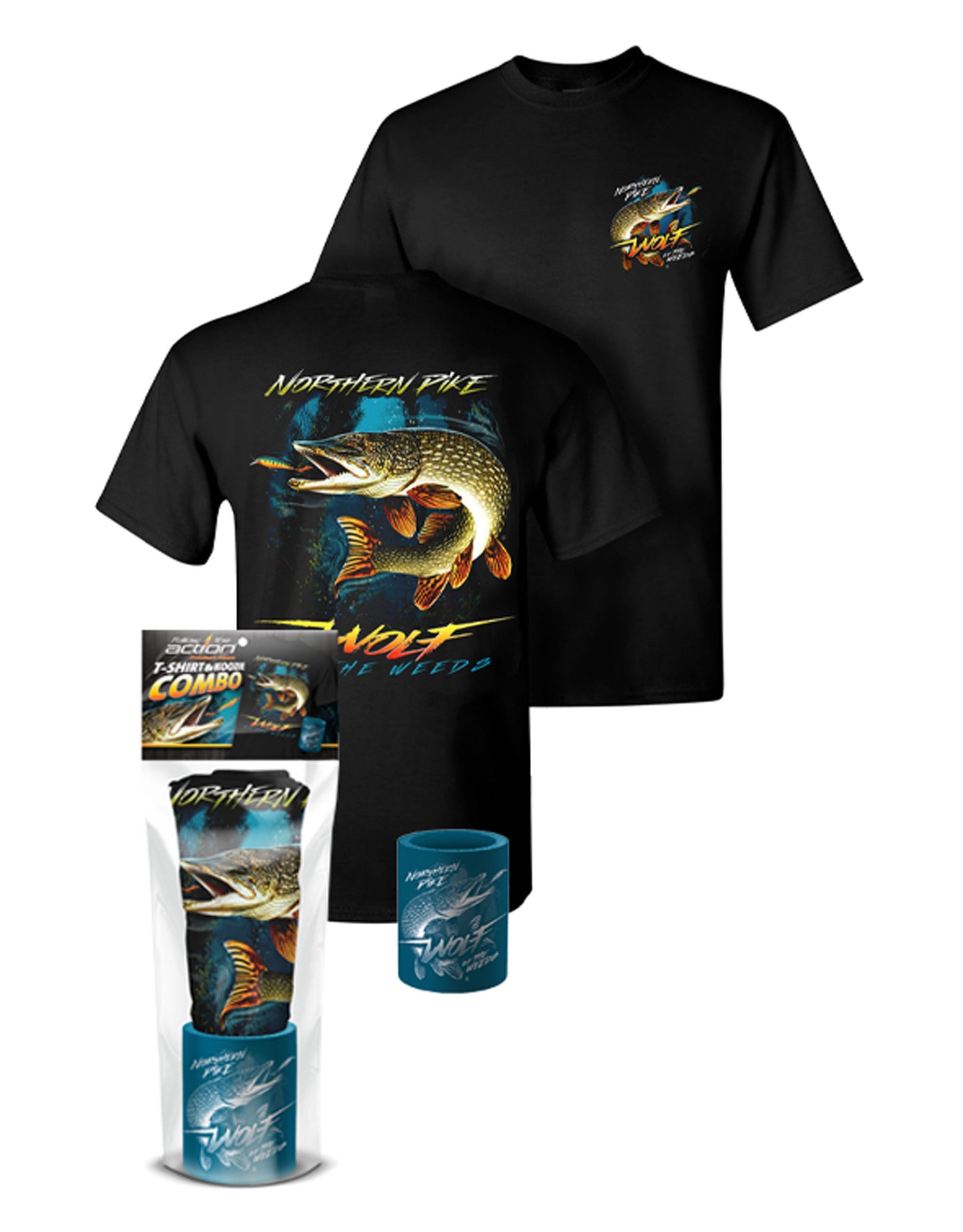 Northern Pike “Wolf of the Weeds” T-Shirt and Can Cooler Combos Gift Set